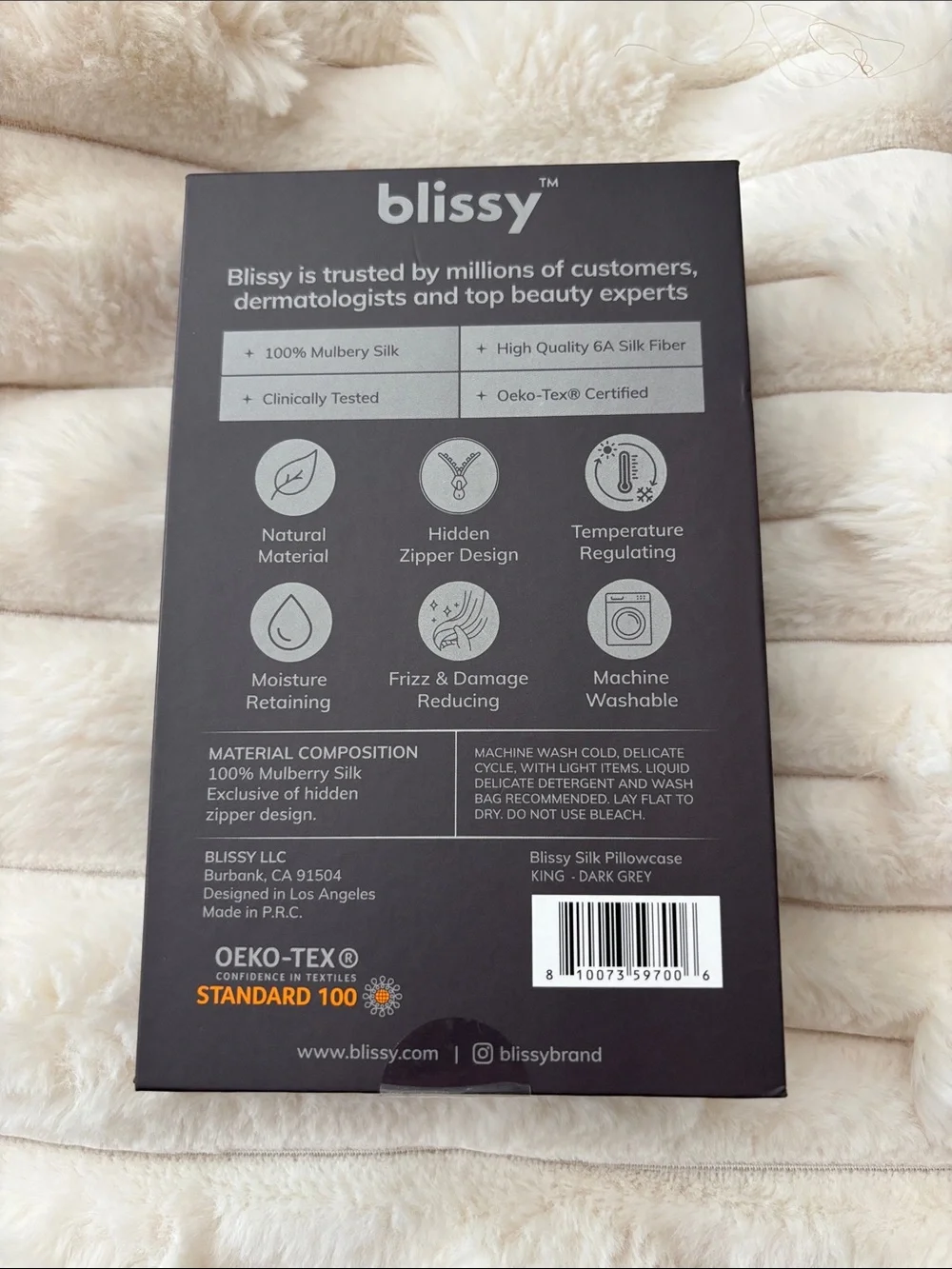 BRAND NEW Blissy 100% Mulberry Silk King Pillowcase - Dark Grey